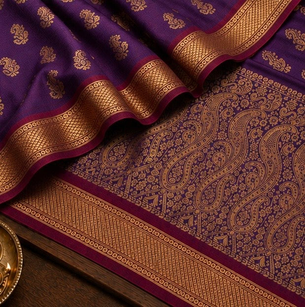 Deep Purple Paithani Silk Saree with Woven Peacock Motifs