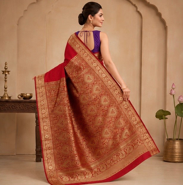 Red Silk Woven Saree with Antique Zari Pallu