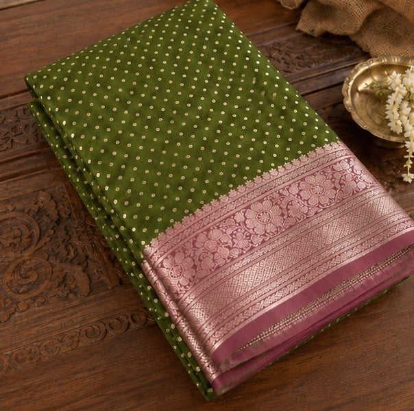 Olive Green Silk Woven Saree
