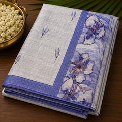 Light Grey Floral Printed Linen Blend Saree with Blue Border
