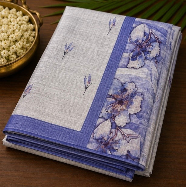 Light Grey Floral Printed Linen Blend Saree with Blue Border