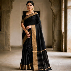 Elegant Black Soft Silk Saree with Golden Zari Border
