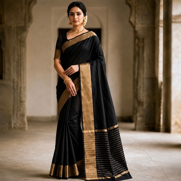 Elegant Black Soft Silk Saree with Golden Zari Border