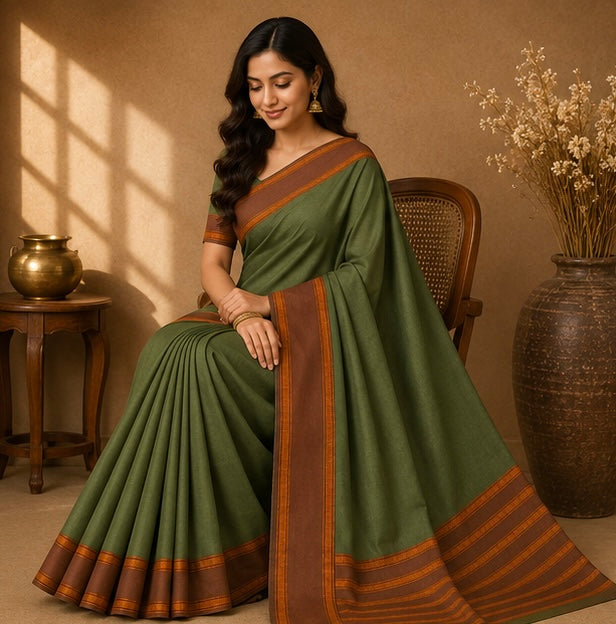 Soft Silk Saree with Traditional Zari Border | Olive Green