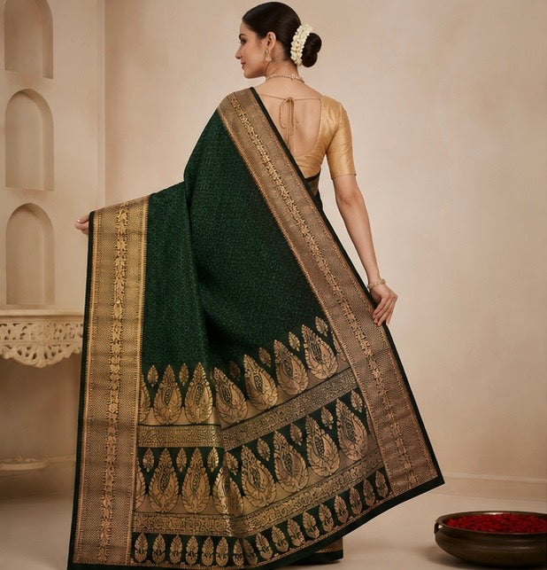 Deep Forest Green Silk Woven Saree with Antique Gold Border