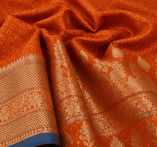 Vibrant Orange Silk Woven Saree with Blue Edge & Gold Zari