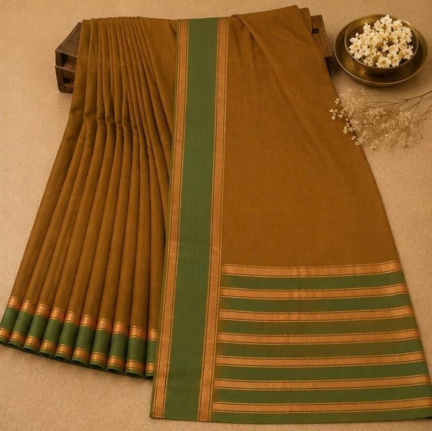 Soft Silk Saree with Traditional Zari Border | Brown