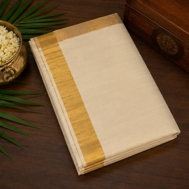 Off White Cotton Saree with Plain Gold Zari Border