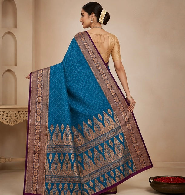 Rich Blue Silk Woven Saree with Gold Floral Zari Border