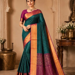 Premium Peacock Blue Banarasi Silk Saree with Gold Zari Border