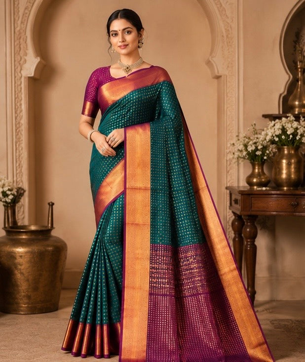 Premium Peacock Blue Banarasi Silk Saree with Gold Zari Border