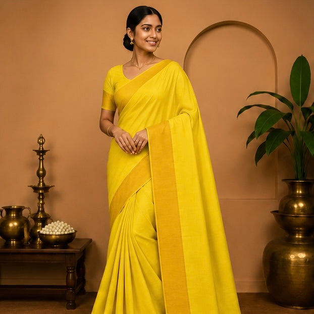 Premium Plain Soft Silk Saree with Elegant Gold Line Pallu & Self Zari Border | Yellow