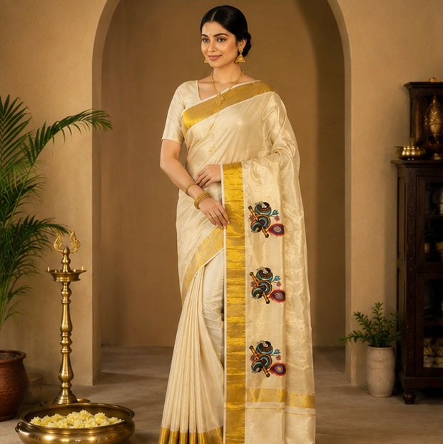 Off White Cotton Saree with Krishna Flute & Peacock Feather Design