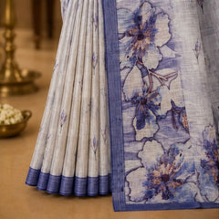 Light Grey Floral Printed Linen Blend Saree with Blue Border