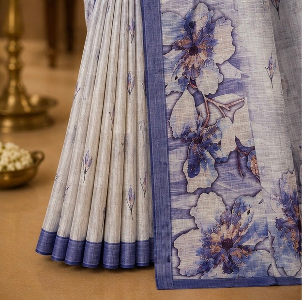 Light Grey Floral Printed Linen Blend Saree with Blue Border