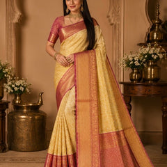 Premium Golden Beige Banarasi Silk Saree with Pink Zari Border
