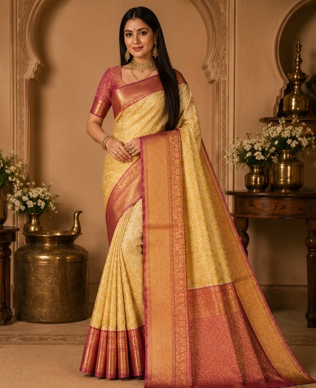 Premium Golden Beige Banarasi Silk Saree with Pink Zari Border