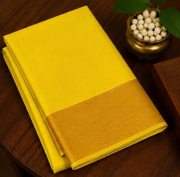 Premium Plain Soft Silk Saree with Elegant Gold Line Pallu & Self Zari Border | Yellow