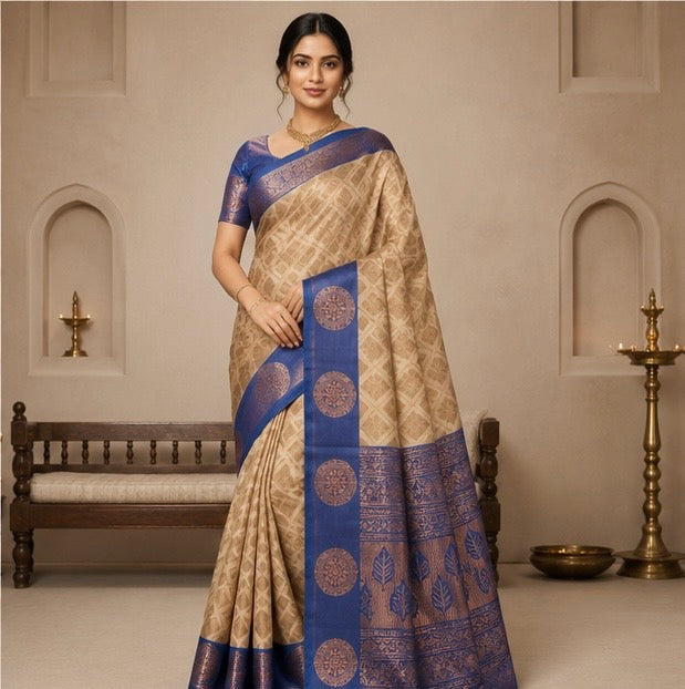 Cream Beige Woven Silk Saree with Royal Blue Brocade Border