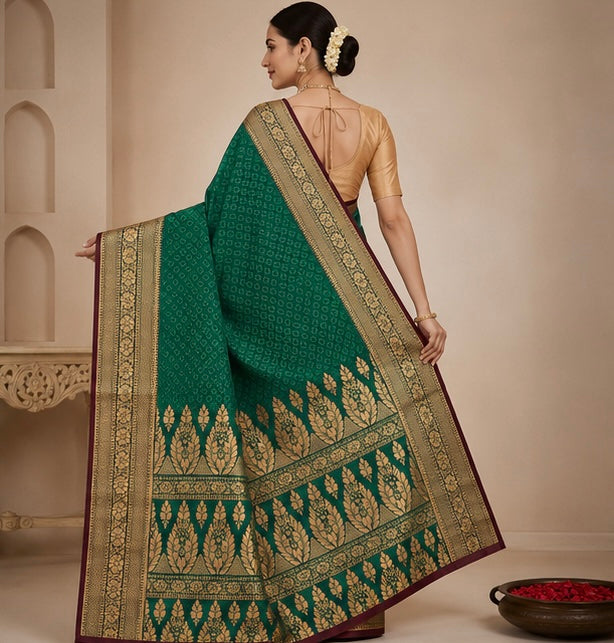 Emerald Green Silk Woven Saree with Gold Floral Zari Border