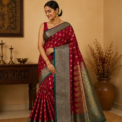 Royal Pink Wedding Silk Saree with Grand Antique Zari Pallu & Peacock Border