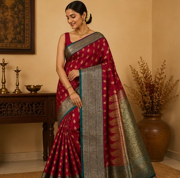Royal Pink Wedding Silk Saree with Grand Antique Zari Pallu & Peacock Border