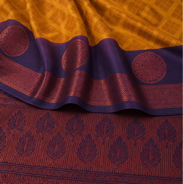 Golden Orange Woven Silk Saree with Deep Purple Brocade Border
