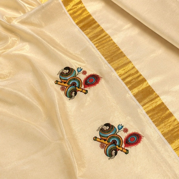 Off White Cotton Saree with Krishna Flute & Peacock Feather Design
