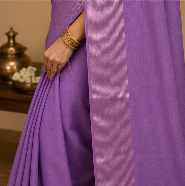 Premium Plain Soft Silk Saree with Elegant Gold Line Pallu & Self Zari Border | Lavender