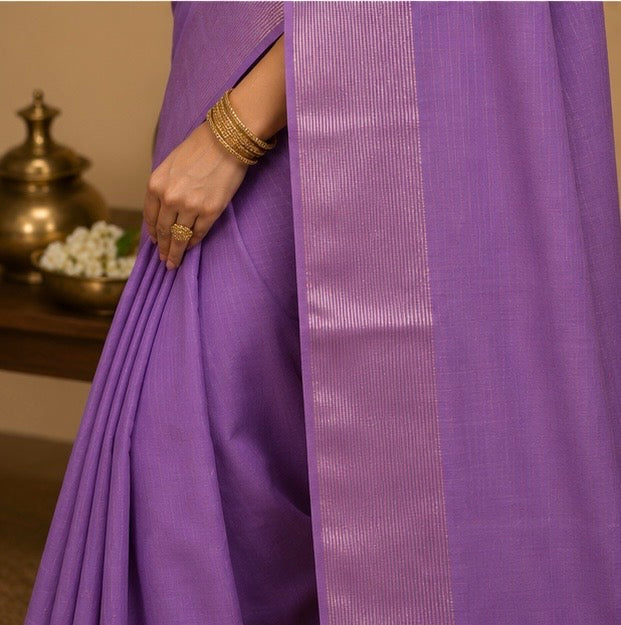 Premium Plain Soft Silk Saree with Elegant Gold Line Pallu & Self Zari Border | Lavender