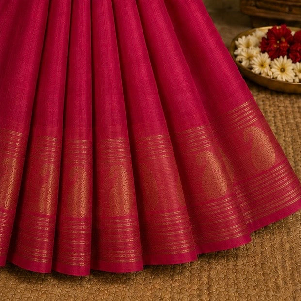 Pink Tussar Silk Saree with Gold Zari Paisley Border