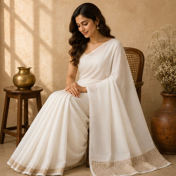 Kerala Linen Saree with Broad Copper Zari Border