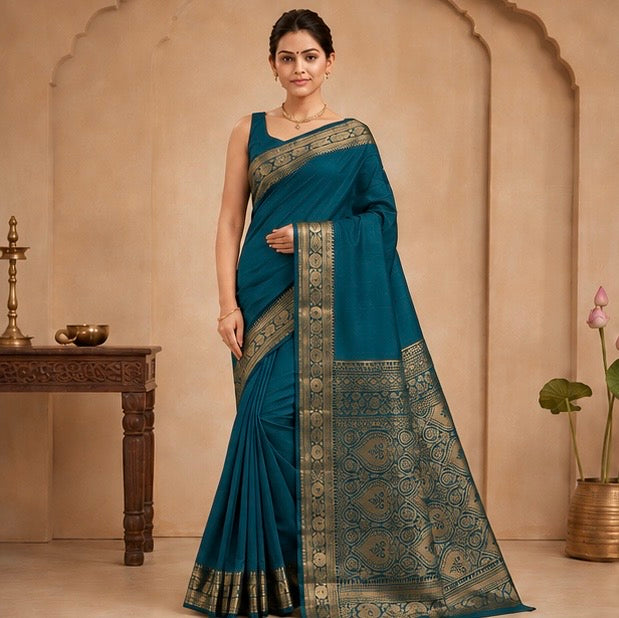 Teal Blue Silk Woven Saree with Zari Pallu