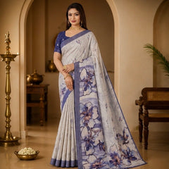 Light Grey Floral Printed Linen Blend Saree with Blue Border