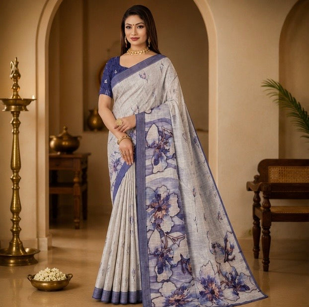 Light Grey Floral Printed Linen Blend Saree with Blue Border