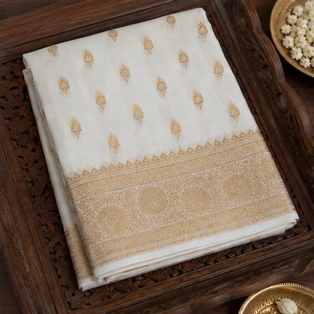 Ivory Gold Regal Floral Zari Woven Saree