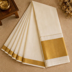 Classic Off White Kerala Cotton Saree with Traditional Gold Kasavu Border