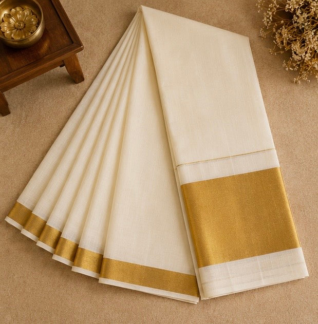 Classic Off White Kerala Cotton Saree with Traditional Gold Kasavu Border