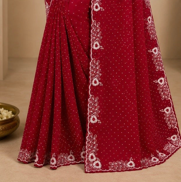 Wine Embroidered Party Wear Saree