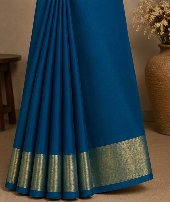Elegant Teal Soft Silk Saree with Golden Zari Border