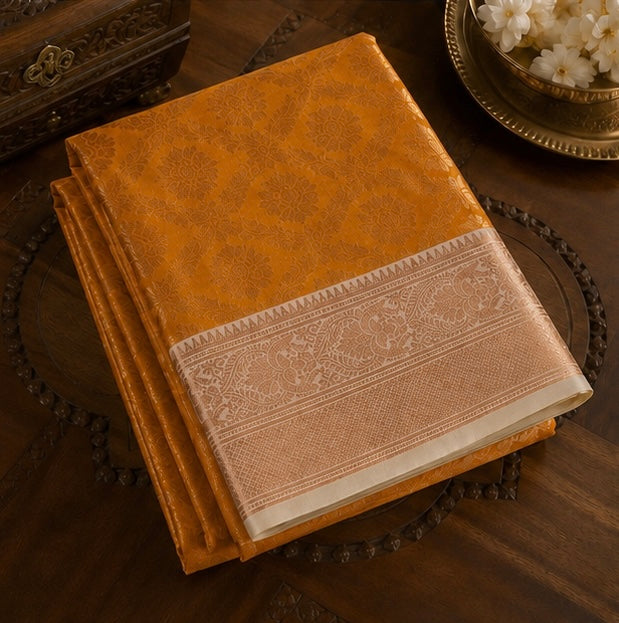Orange Floral Woven Silk Saree with Zari Border