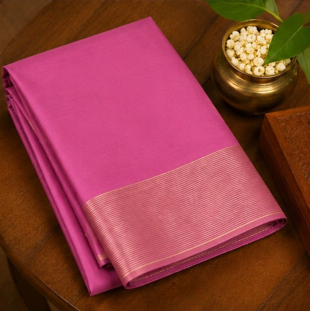 Premium Plain Soft Silk Saree with Elegant Gold Line Pallu & Self Zari Border | Orchid Pink