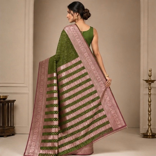 Olive Green Silk Woven Saree