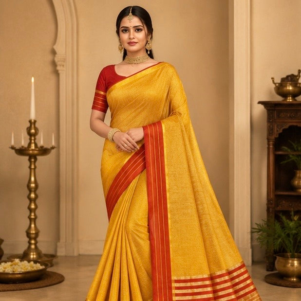 Yellow Cotton Saree with Red Border