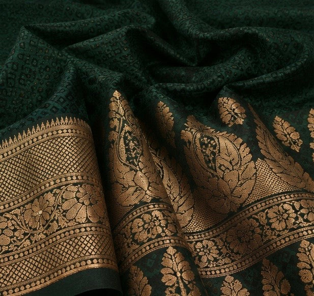 Deep Forest Green Silk Woven Saree with Antique Gold Border