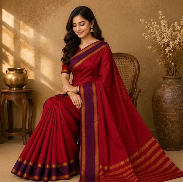 Soft Silk Saree with Traditional Zari Border | Red