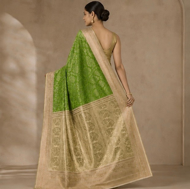 Parrot Green Floral Woven Silk Saree with Zari Border