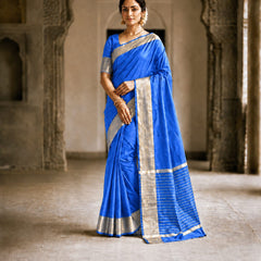 Elegant Blue Soft Silk Saree with Golden Zari Border