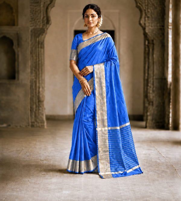Elegant Blue Soft Silk Saree with Golden Zari Border